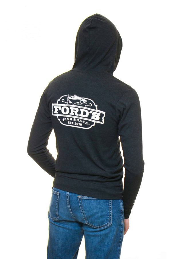 Back of Ford's Fish Shack Hoodie worn half zipped with hoodie on in Rich Gray