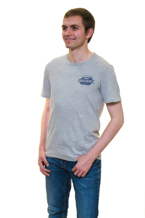 Back of Ford's Fish Shack T-Shirt in Light Stone Gray