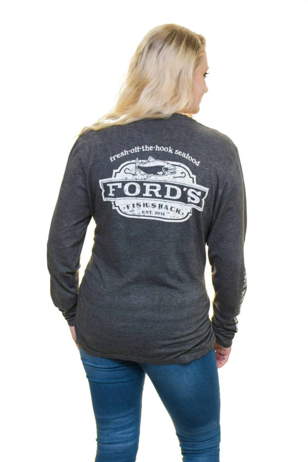 Back of Ford's Fish Shack Long-Sleeve T-Shirt in Rich Gray
