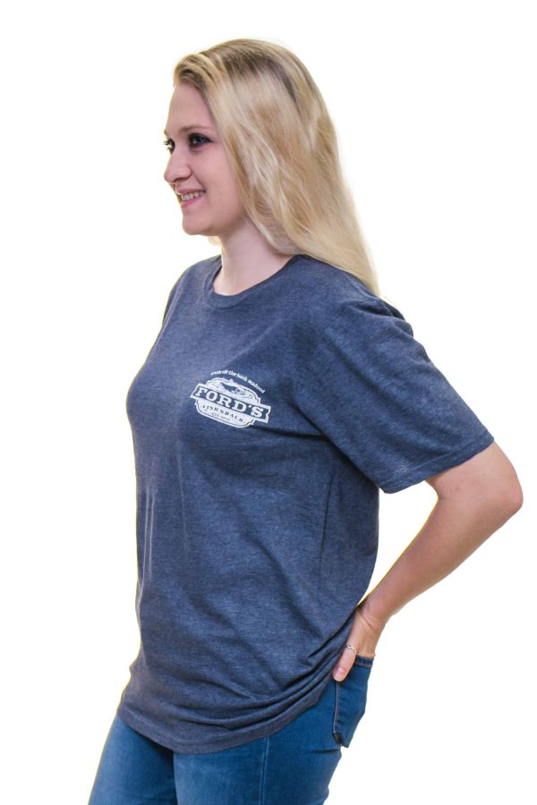 Front and Side of Ford's Fish Shack T-Shirt in Mariner Blue